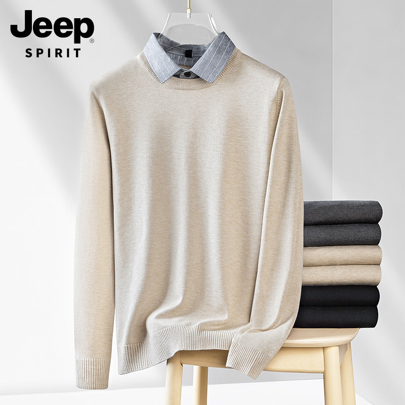 JEEP 衬衫领假两件毛衣男士春秋装2025新款百搭商务针织衫毛线衣
