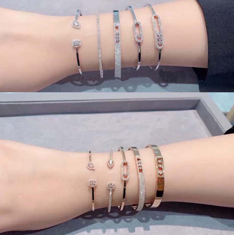 梅西卡手镯玫瑰金情侣手环Move镶钻三钻滑动满钻白金钻石男女手链