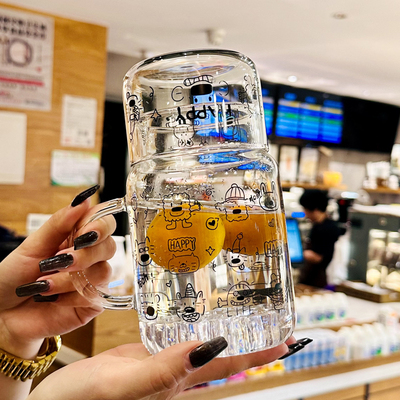 高硼硅玻璃杯带盖带把手耐高温水杯女新款2025办公室家用杯子ins
