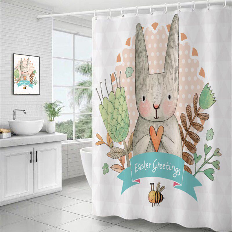 美式卡通田园小兔加厚涤纶防水防霉卫生间浴室浴帘套装隔断帘门帘