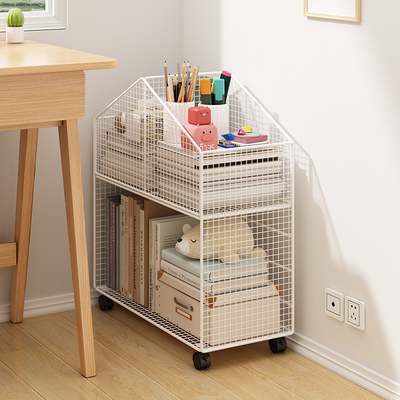 桌边书架置物架落地桌下书柜学生可移动书本收纳层架桌旁带轮小推