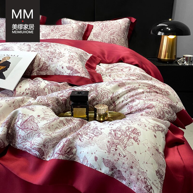 100支兰精天丝四件套婚庆冰丝凉感裸睡床笠床单被套床上用品结婚