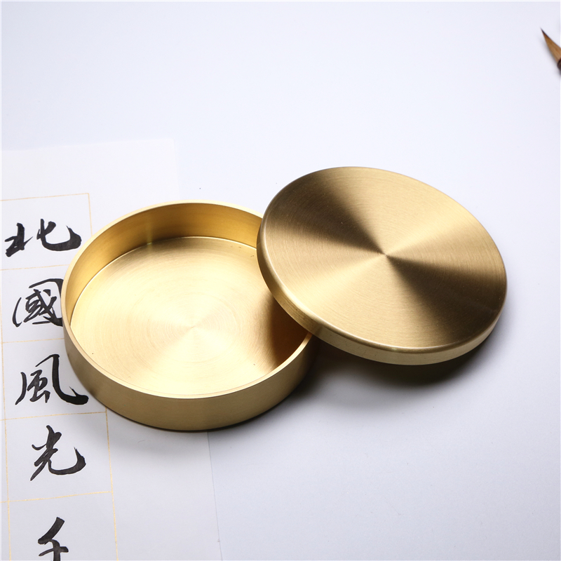 文房纯铜墨盒书法墨盒文房便携学生多功能带盖圆形印泥盒墨匣镇纸