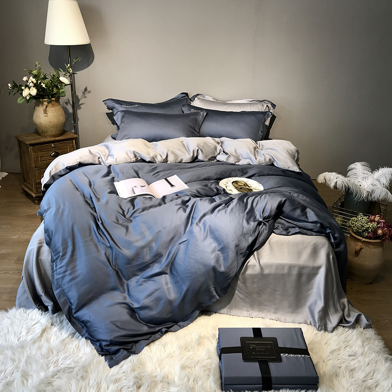 简约纯色80支双面天丝四件套夏天丝滑裸睡双拼色刺绣时尚床上用品