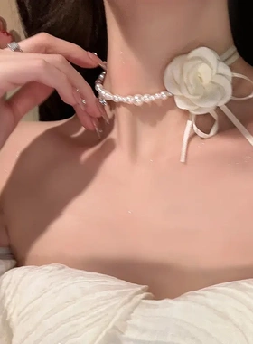 山茶花朵珍珠项链女choker锁骨链拼接轻奢小众系花颈链高级配饰