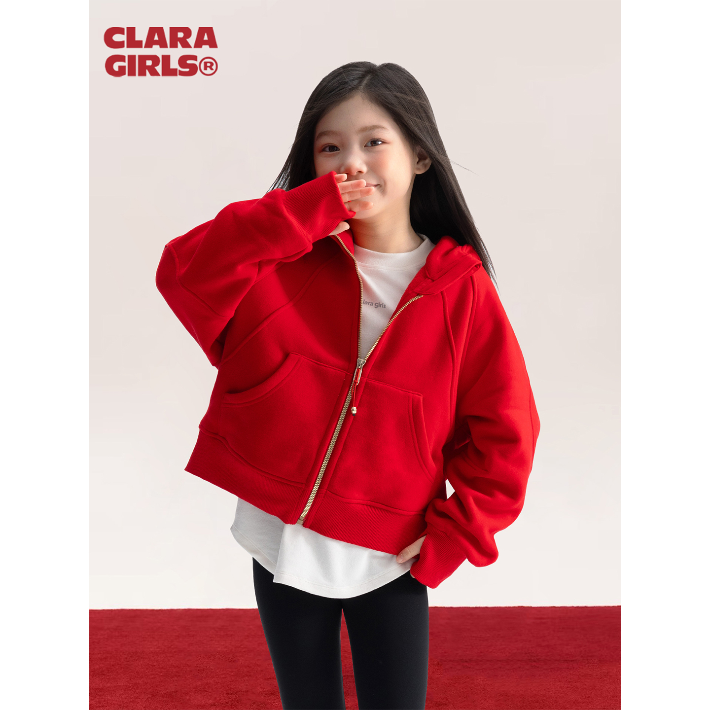 claragirls儿童运动卫衣外套加绒保暖2025年秋冬女童短款宽松上衣