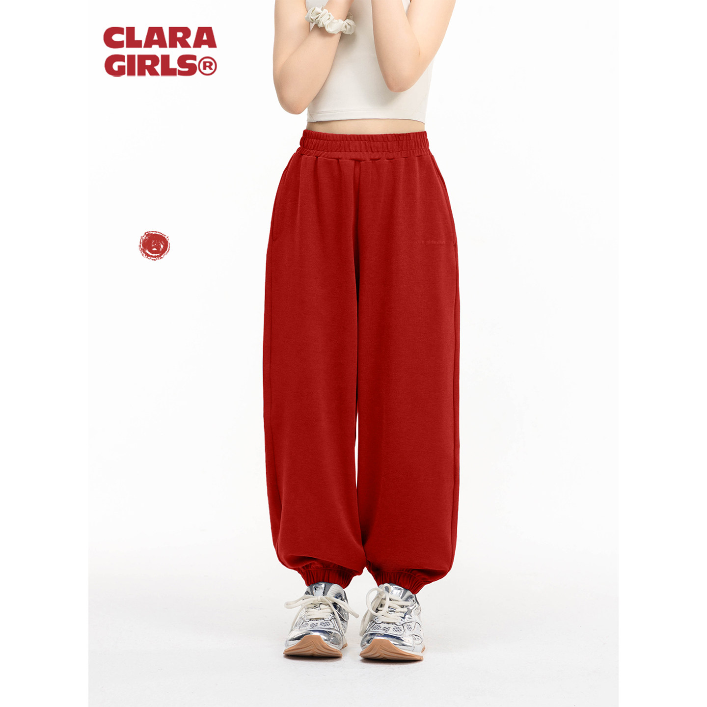 claragirls|Free Series女童红色运动卫裤26年秋宽松灯笼裤束脚裤