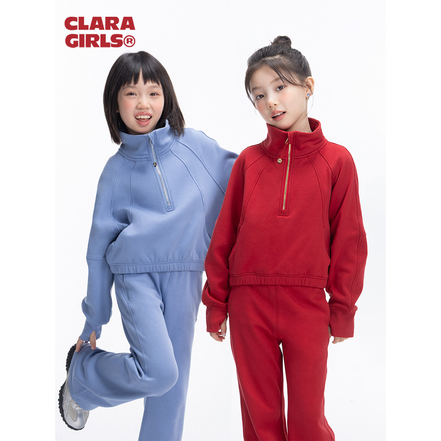 claragirls新年红色女童半高领卫衣单向导湿薄绒25秋冬运动上衣