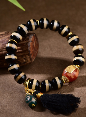 仿天然天珠银饰镶蚀线宝瓶天珠文玩手串单圈玛瑙一线佛珠黑金手链