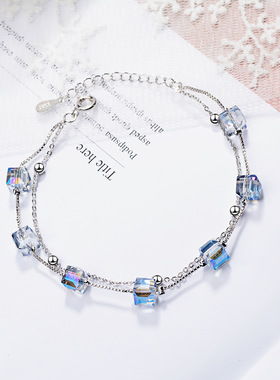 网红韩版简约方块水晶双层手链