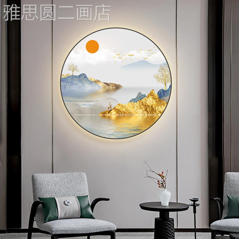 网红发财树厅装饰装画轻奢户麋鹿沙发背景墙饰圆形招财入客玄关墙图片