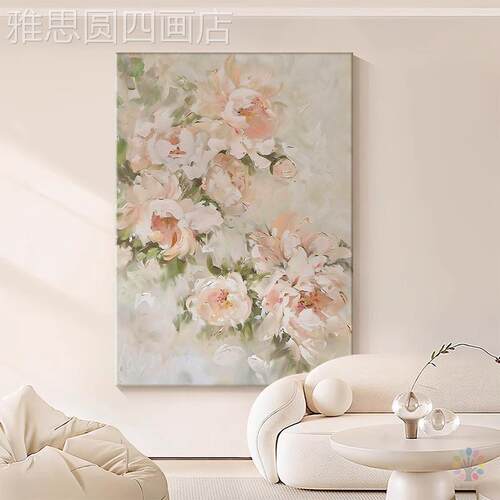 莫兰迪风格抽象卉客厅饰画花白色玫瑰装风花手绘油画奶油玄关挂画