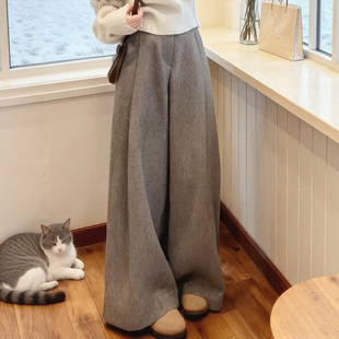 灰色高级感西装裤女秋冬加厚大码直筒垂感百搭宽松休闲毛呢阔腿裤
