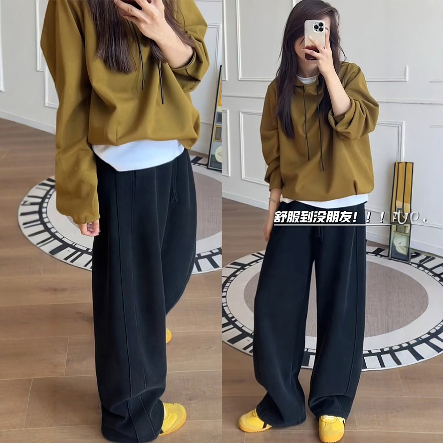 黑色弯刀休闲裤女秋季新款大码胖mm宽松显瘦松紧高腰垂感运动卫裤