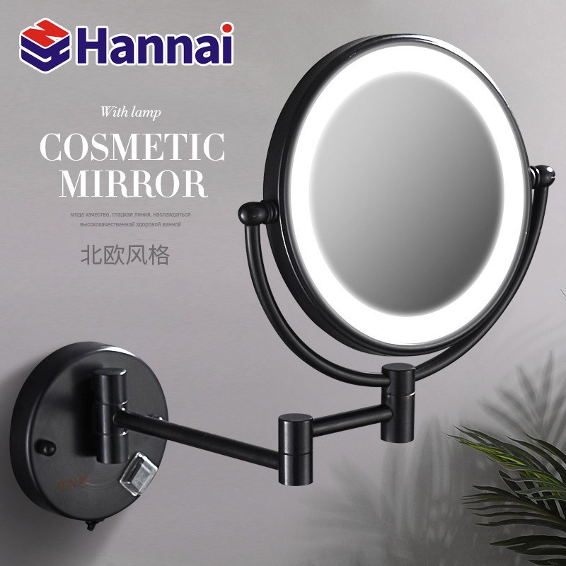 LED浴室美容镜 跨境美式充电带灯双面折叠放大化妆镜黑色伸缩镜子