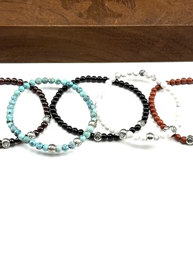 WANGWANG925纯银三银饰飞鸟鸢尾花4MM绿松石黑玛瑙情侣手链手串