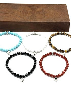 WANGWANG笑脸6MM黑玛瑙绿松石十字双银饰925纯银潮流情侣手链手串