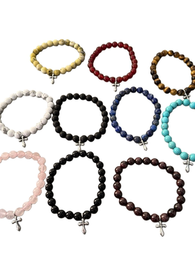 WANGWANG单银饰十字花十字架8MM黑玛瑙绿松石925纯银串珠情侣手链