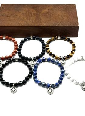 WANGWANG鸢尾花925纯银笑脸双银十字银饰8MM绿松石玛瑙潮流银手链