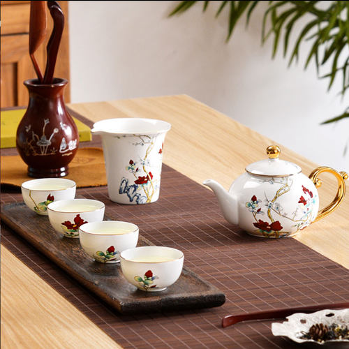 唐山红玫瑰骨瓷山茶花功夫茶具套装家用新款轻奢高档礼品礼盒