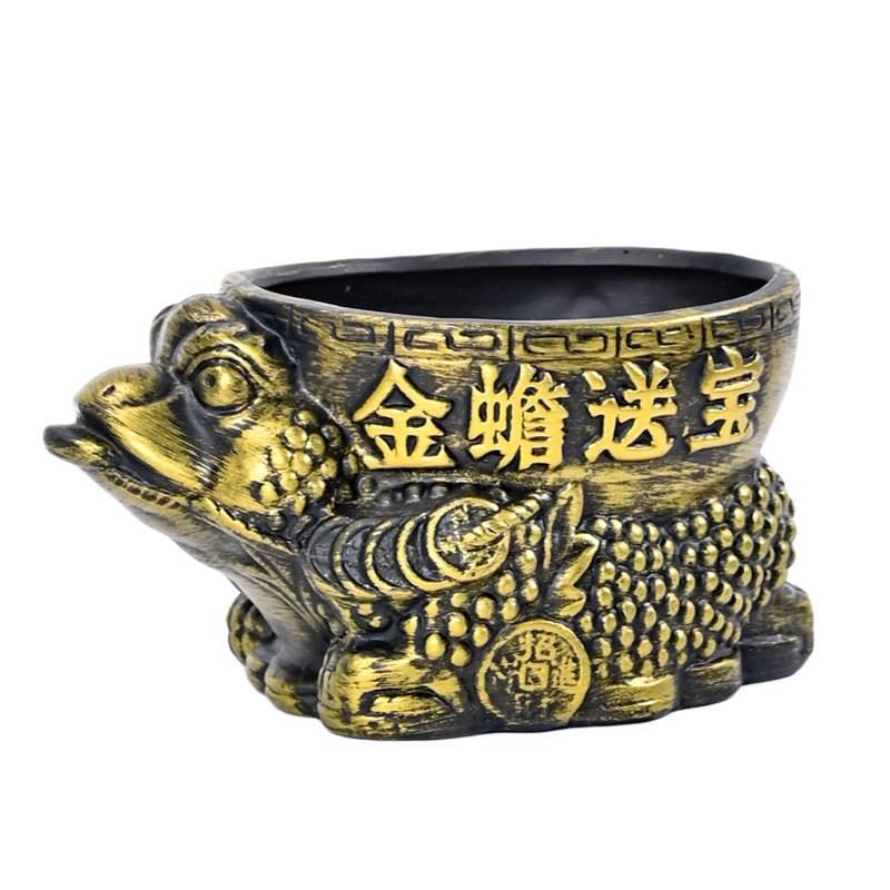 青铜金蟾蜍造型陶瓷中国卡通花盆室内摇钱树绿色植物花盆容器办公
