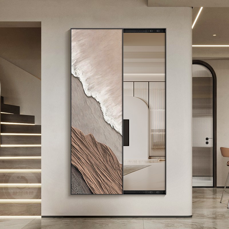 速发侘寂风海全推拉浪衣镜抽象玄关穿身镜装饰壁画隐藏式试衣镜可