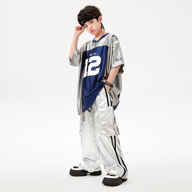 现货速发街舞少儿潮服嘻哈宽松亮皮套装男孩hiphop舞蹈演出服孩爵