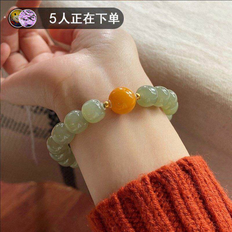 天然和田玉手串男士女士晴水桶珠蜜蜡老坑玉石手链单圈转运珠念珠