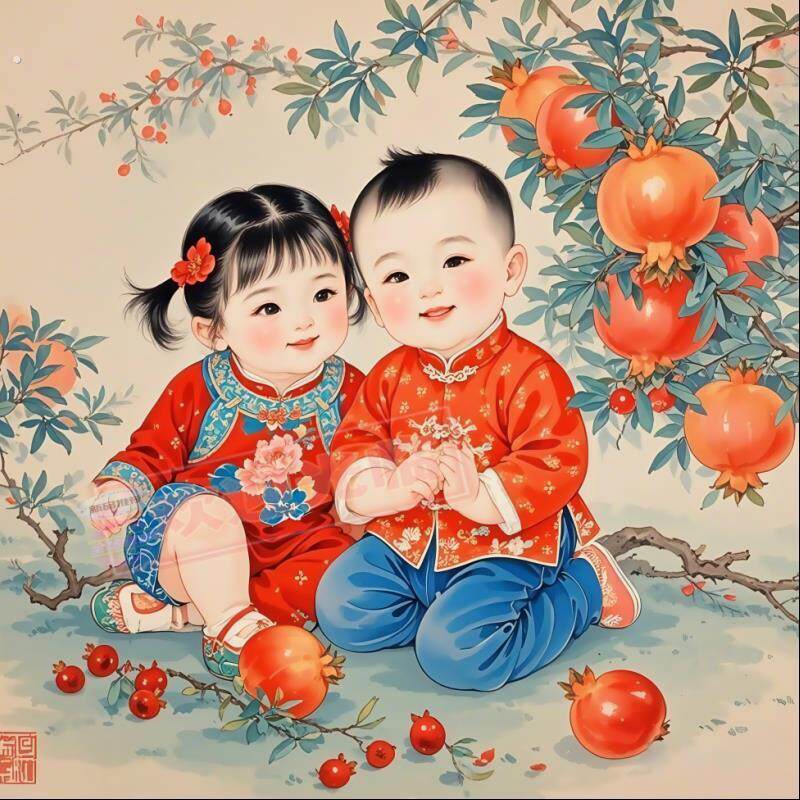 新款年画娃娃石榴多子多福家居墙贴自客厅玄关卧室宿舍装饰画遮瑕