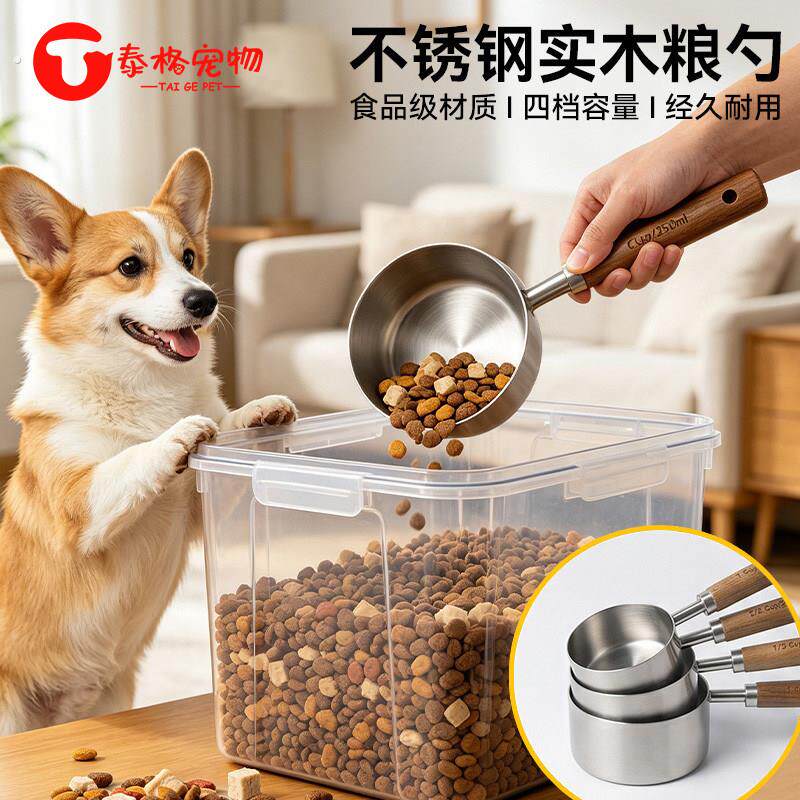 不锈钢猫粮勺子计量专用勺狗粮勺子长柄宠物粮勺猫刻度勺铲子量杯
