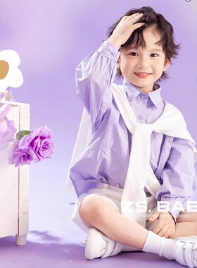 紫色儿童男女童个性纯棉摄影气质衬衫休闲长裤套装亲肤长袖衣服潮