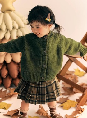 男女童儿童摄影服装墨绿色艺术气质针织毛衣开衫外套设计感上衣潮