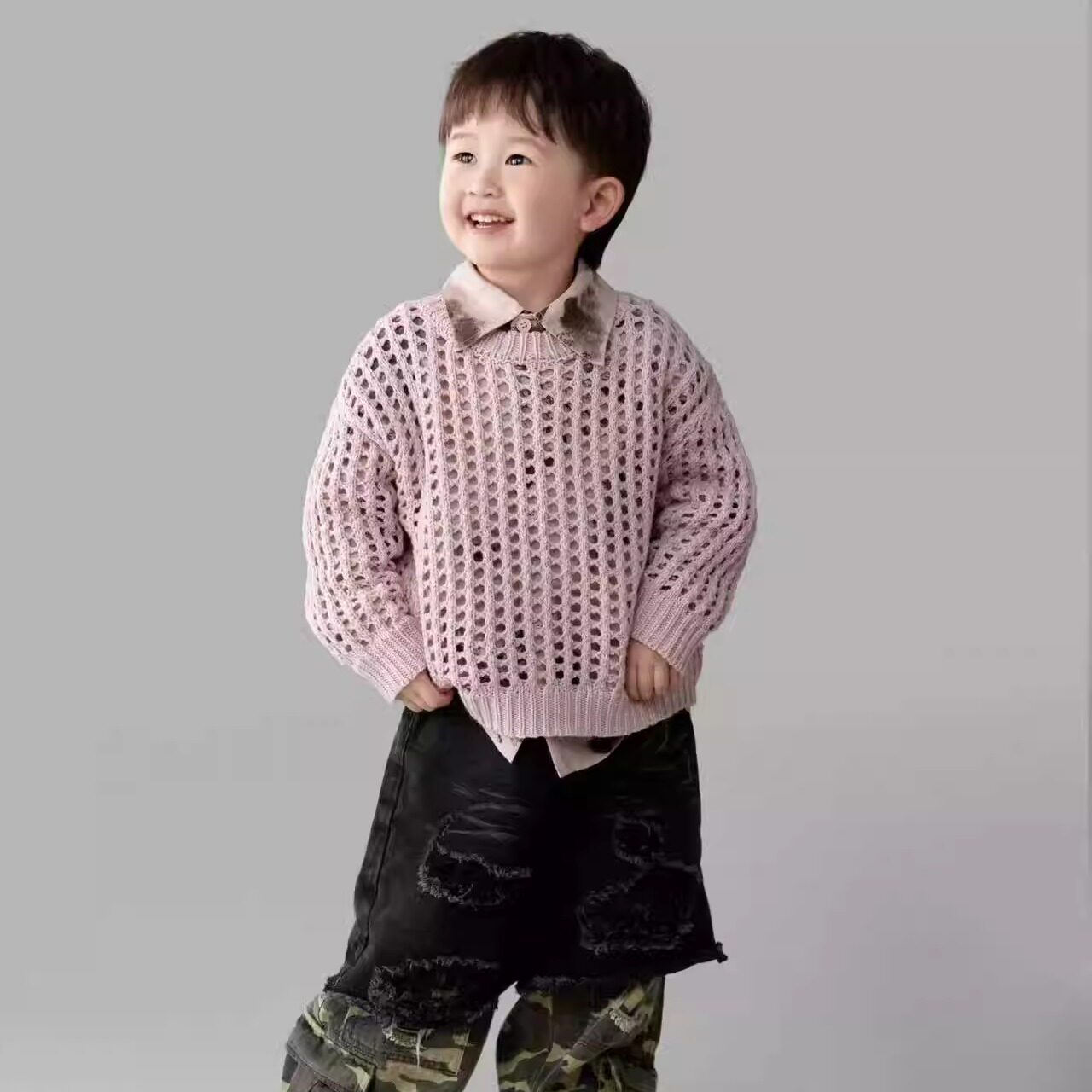 韩版儿童毛衣女日系紫白粉摄影服装拍照针织衫镂空套头洞洞衫清新