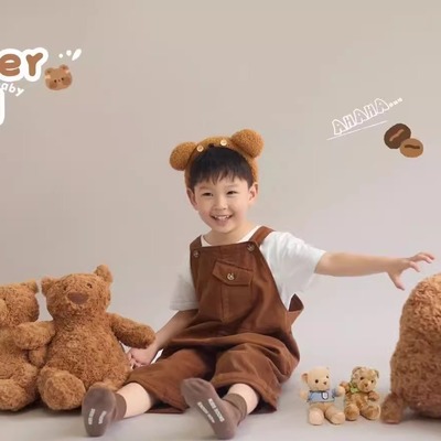 童装儿童牛仔背带裤男女宝宝咖啡色摄影服装拍照舒适洋气休闲裤子