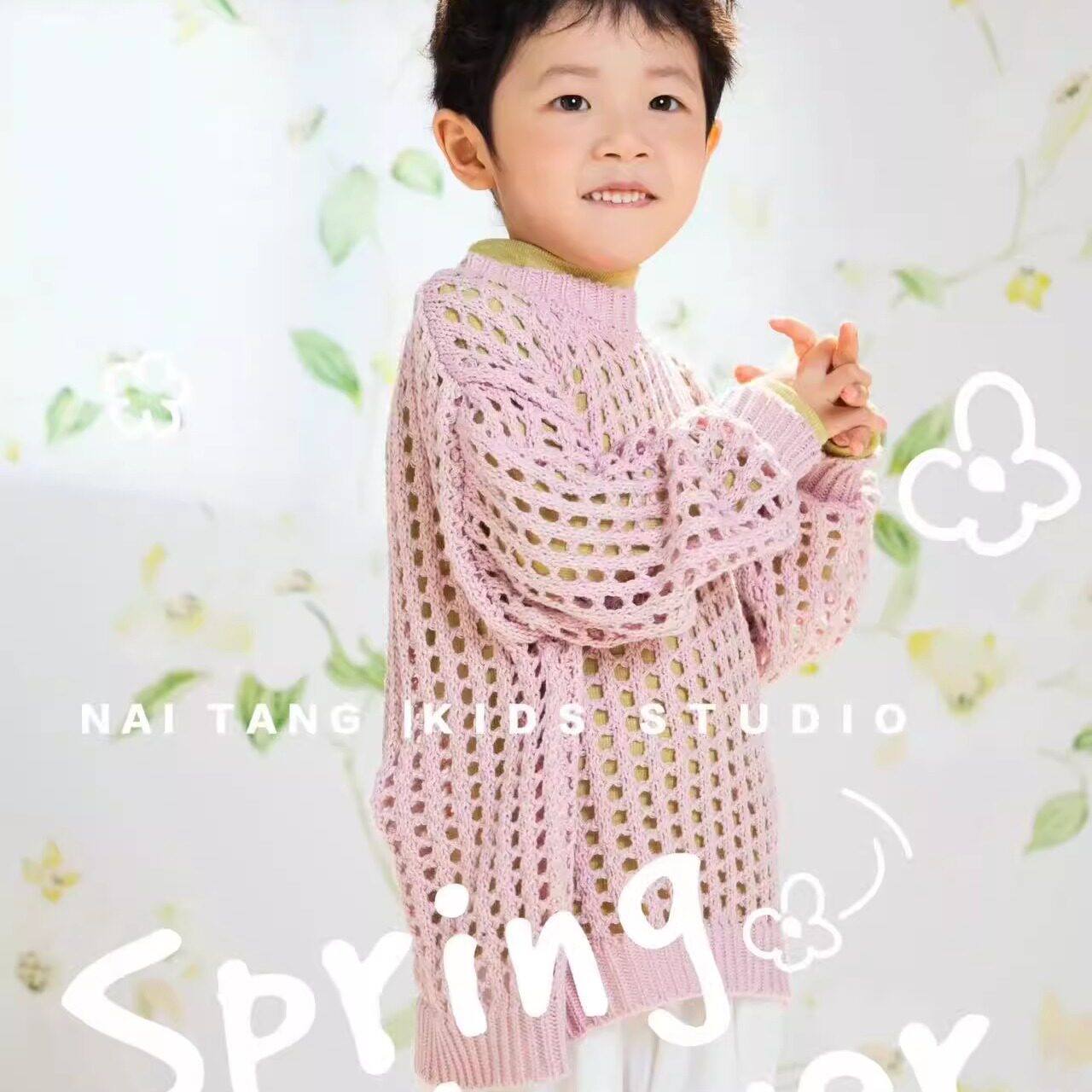 舒适儿童毛衣女宝宝粉色摄影服装拍照针织衫镂空套头洞洞衫小清新