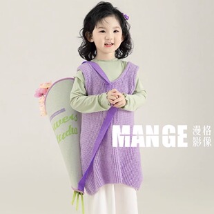 童装女童针织连衣裙2025春夏儿童摄影服装洋气紫色背心裙宝宝长裙