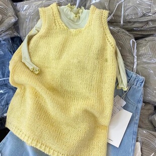 女童针织连衣裙2025春季新款韩系小女孩甜美黄色休闲百搭背心裙洋