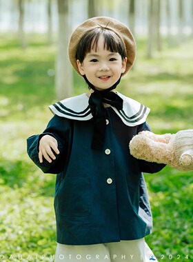 男女童儿童摄影服装蓝色个性宝宝拍照海军风开衫外套设计感照相潮