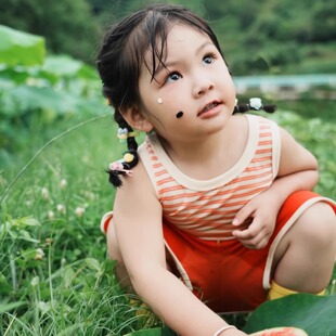 摄影服装拍照女童新款男童无袖麦田清凉一夏夏装儿童上衣条纹童装