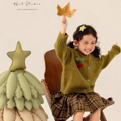 男女童儿童摄影照相墨绿色艺术气质针织毛衣开衫外套设计感写真潮