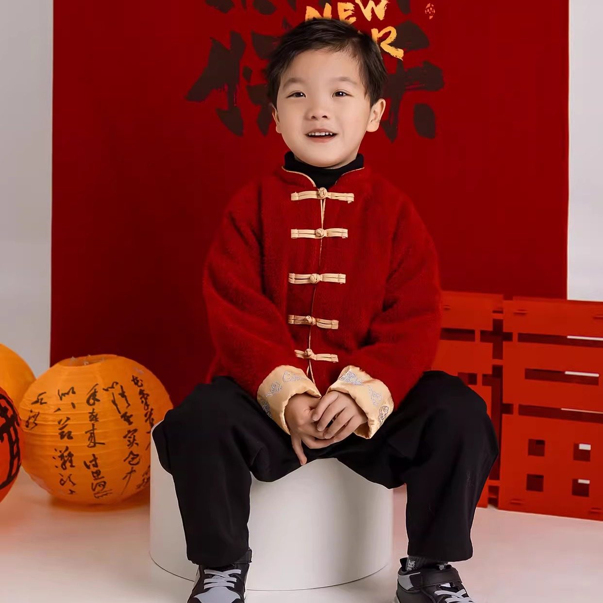 周岁礼服西装外套男童国风拜年服女童中式红色亲子汉服姐弟喜庆