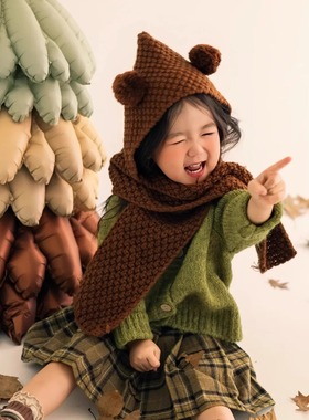 男女童儿童摄影文艺墨绿色艺术气质针织毛衣开衫外套设计感写真潮