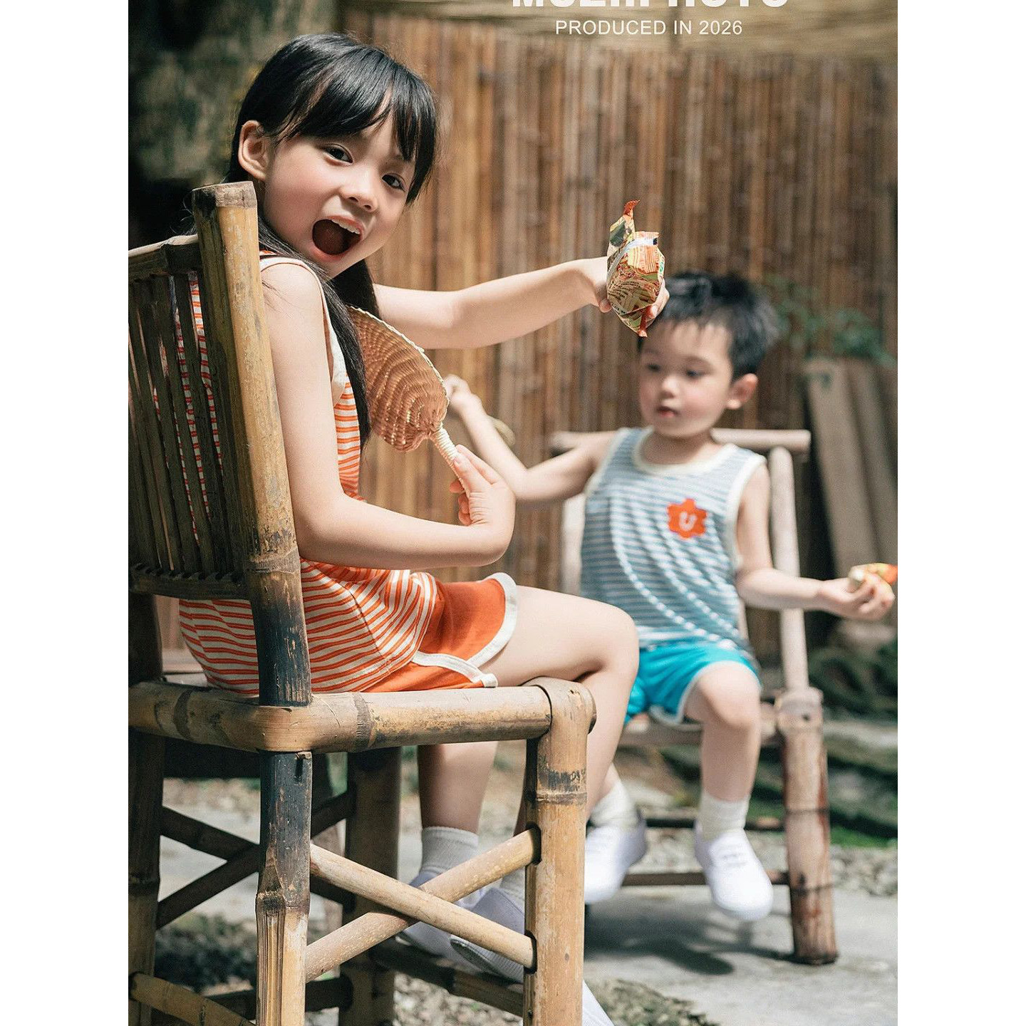 条纹女童夏季复古男童无袖背心清凉一夏摄影拍摄儿童套装宝宝童装