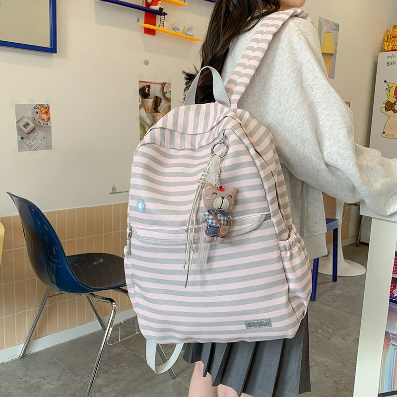 ins少女风条纹双肩包包女小学生大容量可爱初中校园书包韩系背包