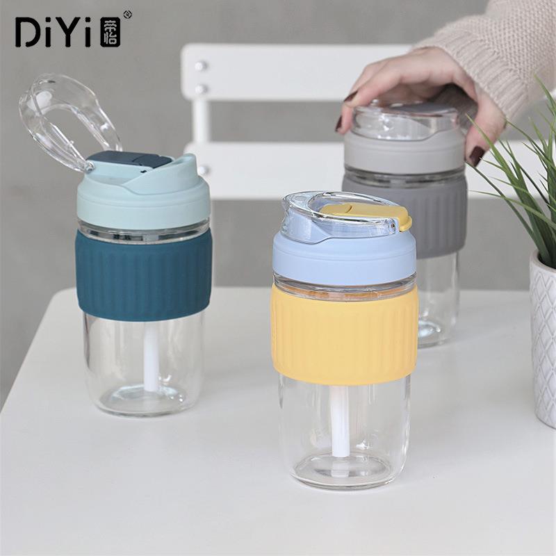 帝怡直饮吸管单层双饮玻璃杯 可爱女生便携简约车载咖啡早餐水杯