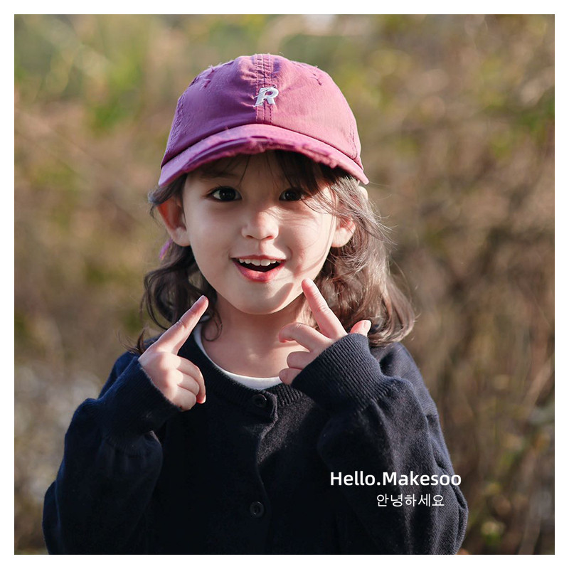 ins韩国儿童帽子春季刺绣R字母棒球帽秋季百搭洋气复古破洞鸭舌帽