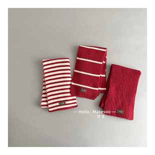 儿童围巾韩式 条纹针织围巾红色百搭氛围感神器男女宝宝保暖围脖潮