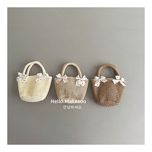 makesoo儿童小号草编包包时尚 波点蝴蝶结草包女宝宝可爱手提包包