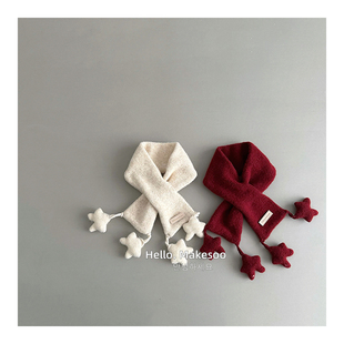 儿童围巾秋冬针织交叉围脖男女宝宝户外保暖星星挂饰围巾围脖套潮