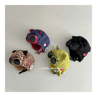 儿童墨镜飞行帽个性猫耳朵冬天保暖灯芯绒加厚加绒亲子滑雪雷锋帽